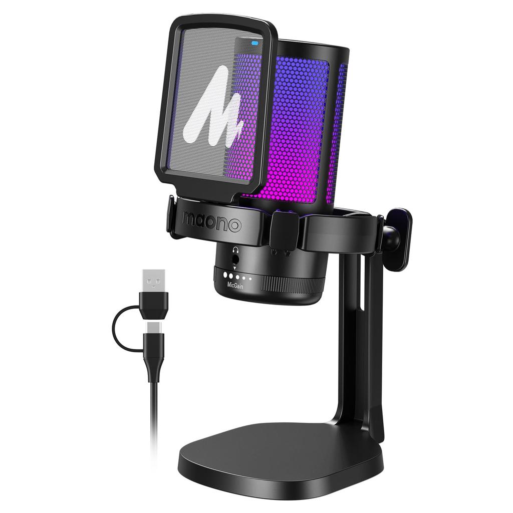 USB-конденсаторный микрофон MAONO, Игровой микрофон, Шумоподавление, Микрофон для ПК, Кнопка отключения звука, Однонаправленный, RGB-подсветка, Регулировка громкости, Plug &