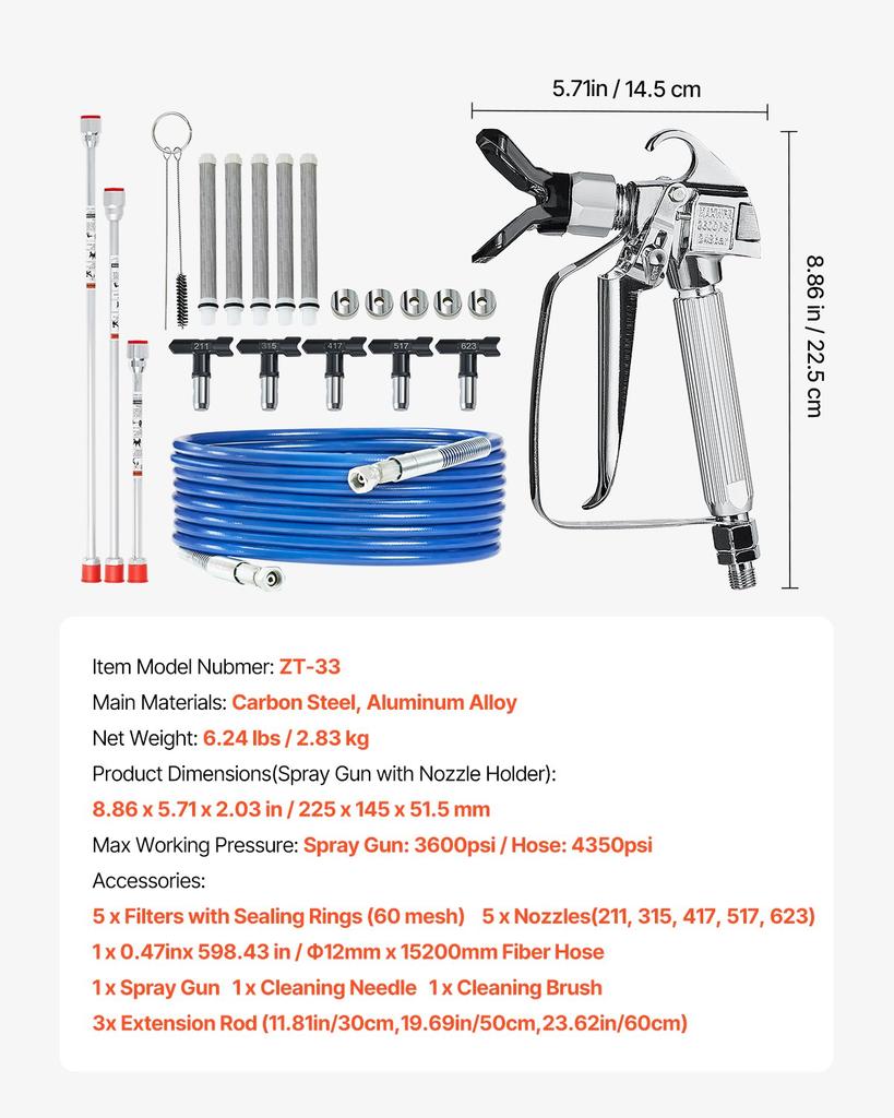 VEVOR Airless Paint Spray Gun and Hose Kit, 3600PSI High Pressure Paint Sprayer Hose Set with 5 Tips, 211, 315, 417, 517, 623