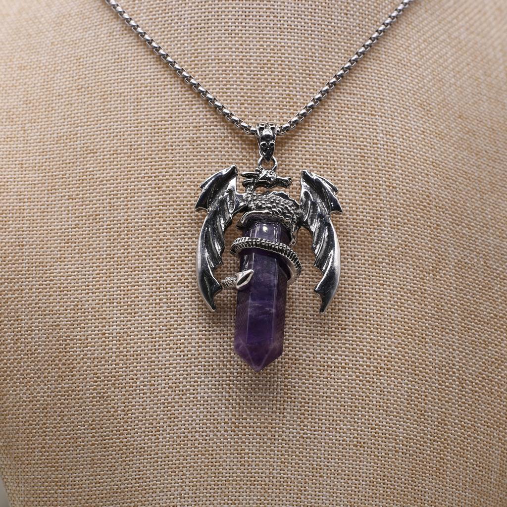 Women Necklace Natural Stone Hexagonal Pyramid Wing-Shaped Pendant Necklace For Women Birthday Gift Chain 60 CM