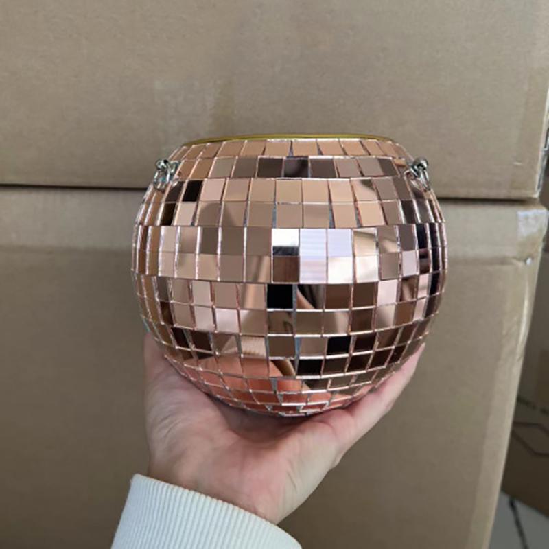 WTEMPO Disco Style Vase Succulent Plant Pots with Iron Chains Mirrored Flower Pots, Storage Hanging Baskets, Reflective Vintage Disco Ball Planters