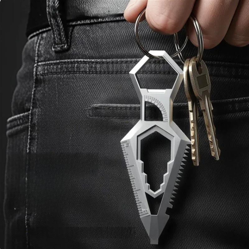 Lightweight 9-in-1 Stainless Steel Keychain Features Protractor Ruler for Easy Outdoor Access
