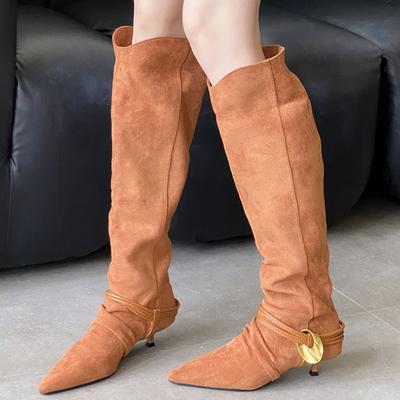 Модные Eilyken Зимний Дизайн Металлическая Пряжка Острый Носок Сапоги до Колена Женская Мода Тонкий Низкий Каблук Обувь Zapatos De Mujer