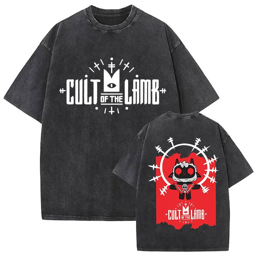 Vintage Washed Cult of The Lamb Game Fans Print T Shirts Men Women Casual Fashion 100 Cotton Short Sleeve Tshirt Tops Clothing