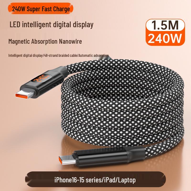 Магнитный кабель USB-C 100 Вт, совместимый с Apple, алюминиевый сплав с 48 жилами для автомобилей