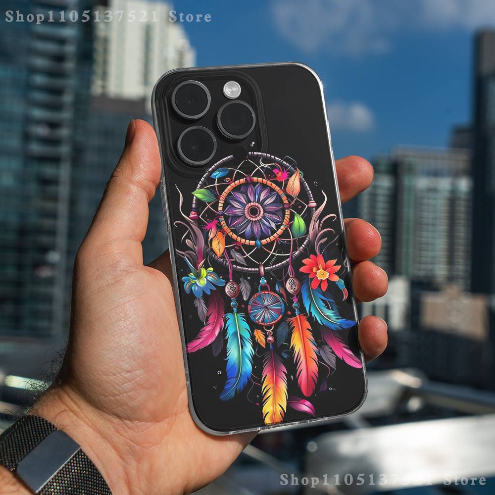 Feather Art Dreamcatcher Phone Case For iPhone 17,16,15,14,13,12,11 Pro,Max,Plus,X,XS,XR,SE4,E Mini Transparent Soft Cover