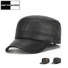 Men's Genuine Leather Flat Top Cap Black Brown Warm Ear Protection Flat Top Cowhide Hat Outdoor Winter Warm Trucker Hats