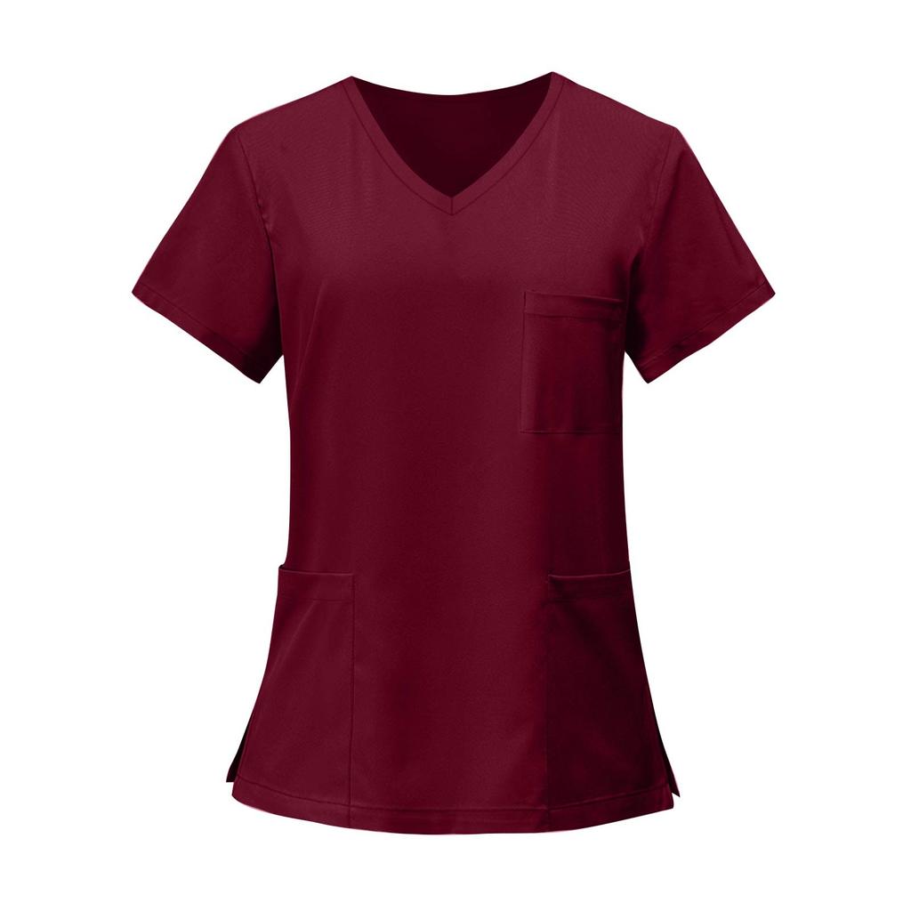 Women's Fashion Solid Short Sleeve V Neck Pattern Tops Pocket Working T-shirts