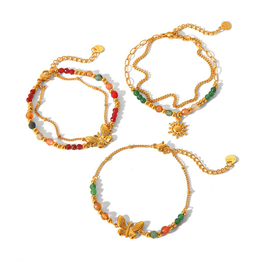 French Retro Natural Stone Chain Butterfly Bracelet for Women, Elegant Versatile Titanium Steel Bracelet