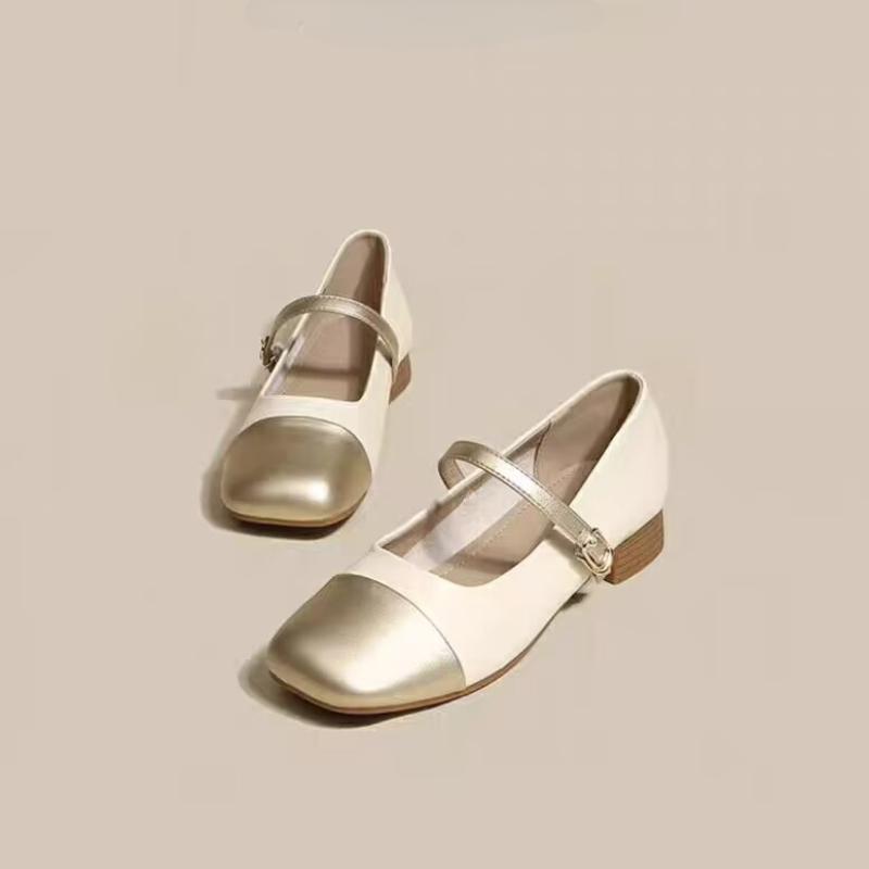 2024 весна новые золотые удобные туфли на толстом каблуке женские повседневные туфли на низком каблуке туфли-лодочки женские туфли для ходьбы с квадратным носком