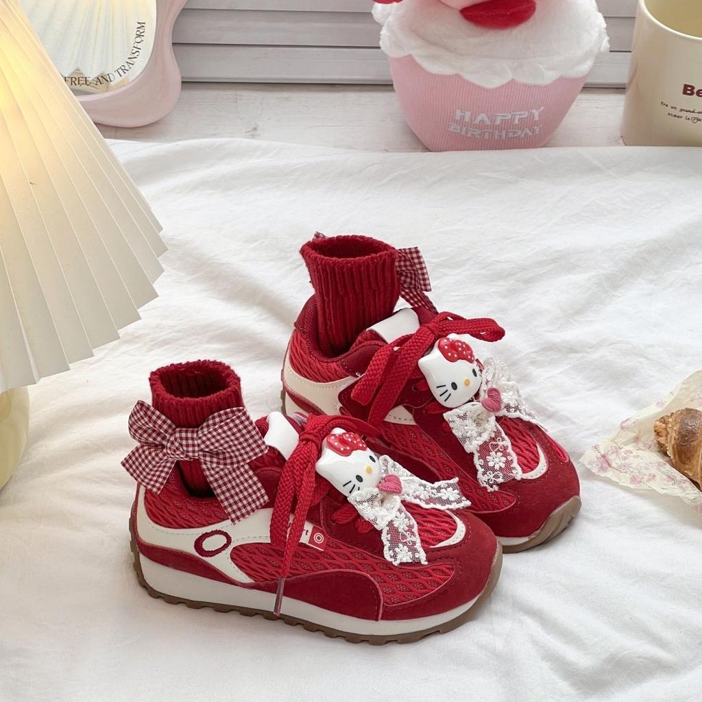 New Hello Kitty Girls Children Sports Shoes Bow Tie Kid Tennis Shoes Soft Bottom Autumn Running Shoes Non-Slip Sneakers