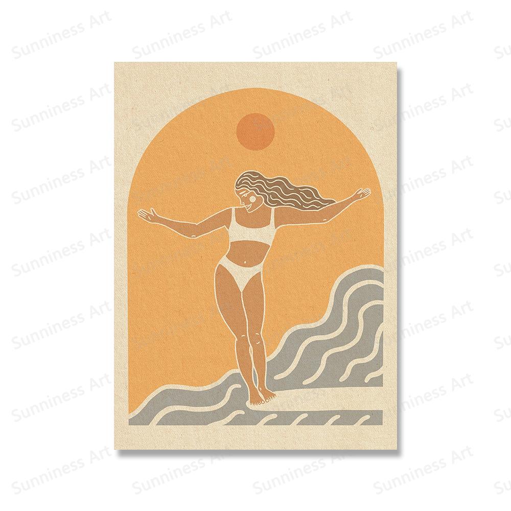 Wave Chaser Surf Girl Холст Картина Закат Пляжный Дом Прибрежные Растения Принты Скандинавские Плакаты для Серфинга Хижины Домашний Декор Фотографии