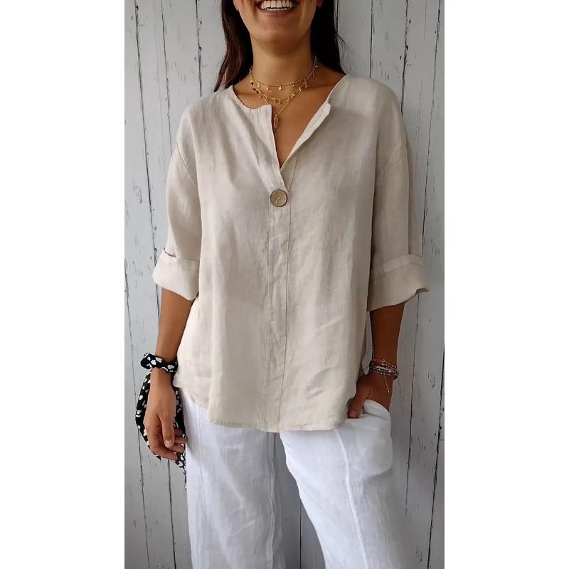 VEZFAA Women's Fashion Casual Summer Spring Solid Color Print 3/4 Sleeves V-Neck Blouses & Shirts