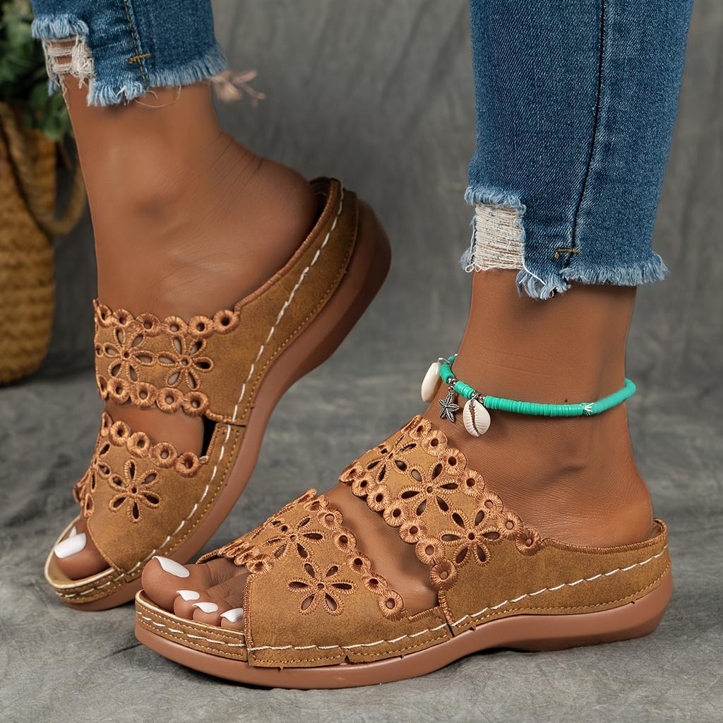 Women's Summer Sandals, Floral Cut-Out Design, Artificial Leather Slides, Casual Comfort Footwear, Non-Slip Sole