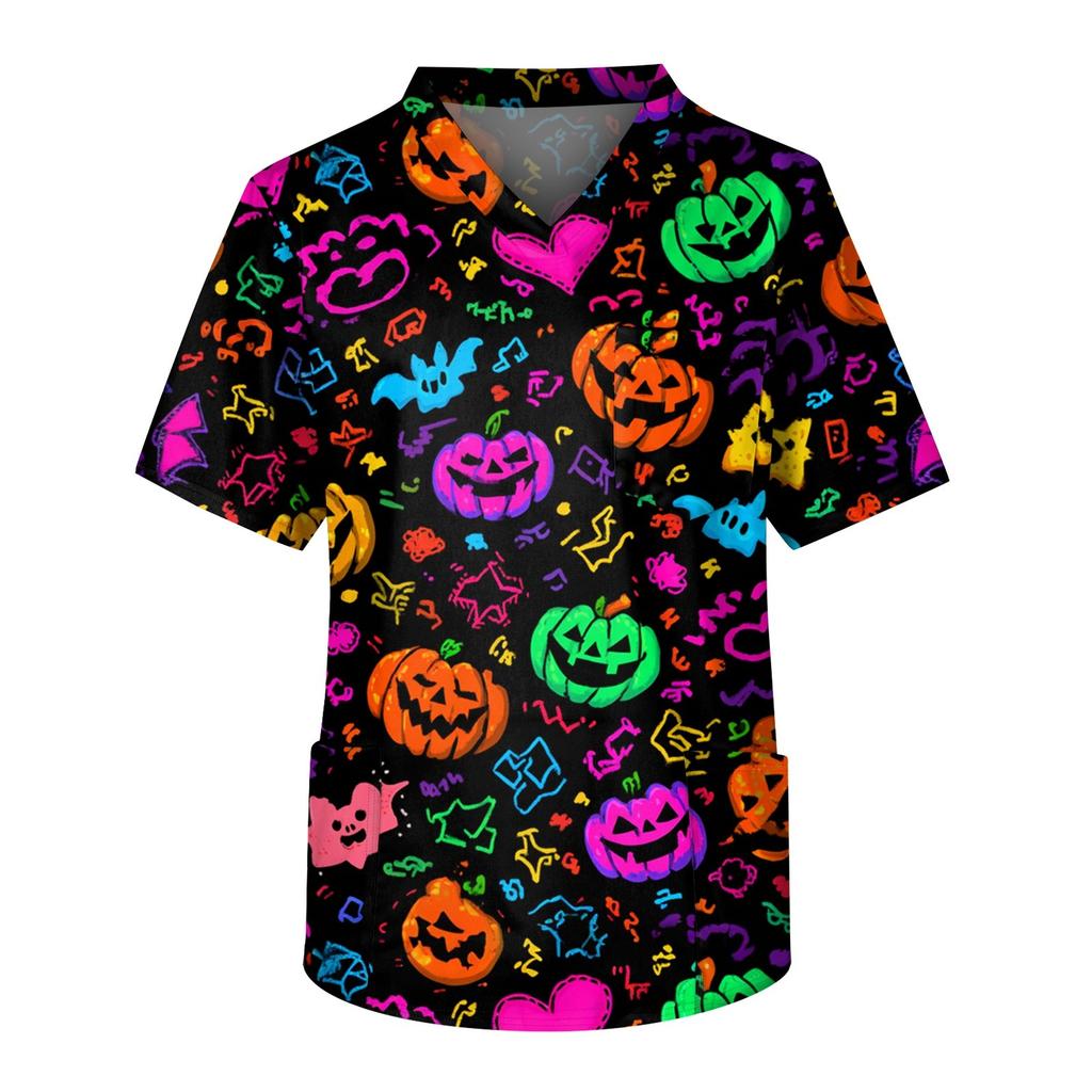 Мужской топ с короткими рукавами и v-образным вырезом на Хэллоуин с принтом на груди и карманом для ухода за кожей