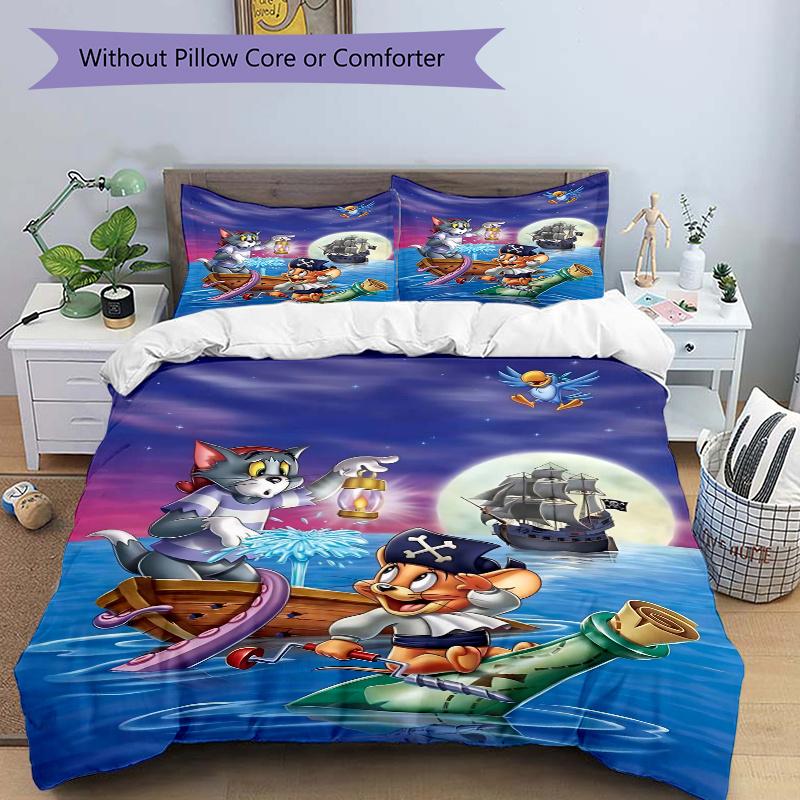3pcs Pirate Adventure Tom and Jerry Quilt Cover Set - Soft and Cozy Bedroom, Guest Room and Dorm Decorative Bedding 3-Piece Set 1 Quilt Cover + 2