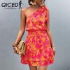 Summer Spring Floral Print Sleeveless One Shoulder High Waist Women's Diagonal Dress