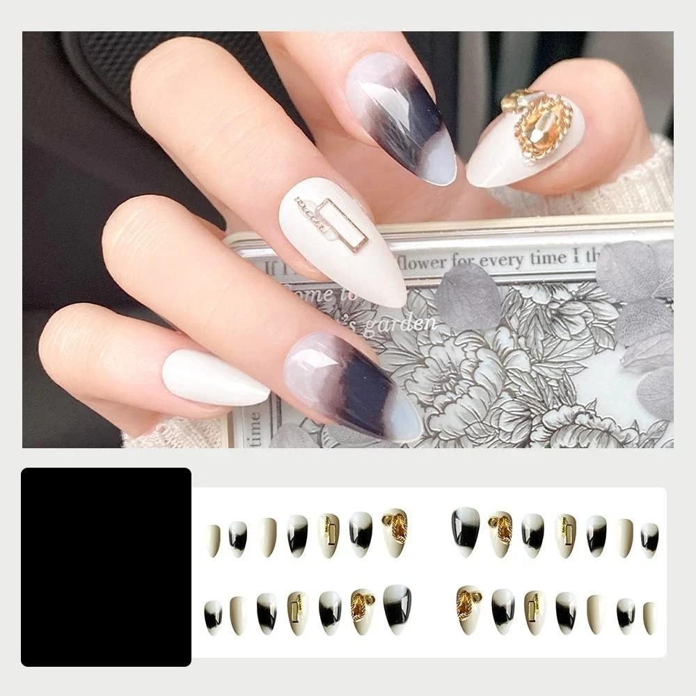 Secret Lives 24 PCS Reusable Fake Nails Set | White with Dark Grey Patch & Golde