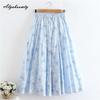Japanese Mori Girl Spring Summer Women Blue Floral Skirt High Waist Print Elegant Skirt Cotton Linen Feminine A-Line Skirt