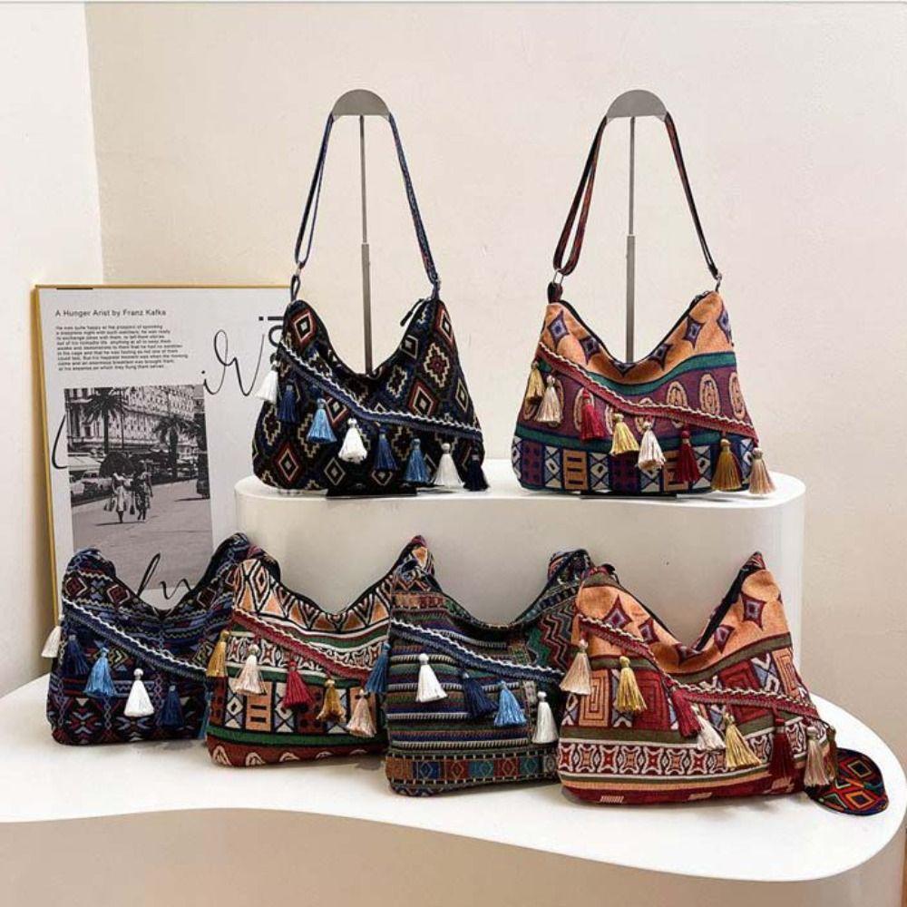 Большая вместимость Этнический стиль сумки через плечо плетеная сумка Богемная сумка-тоут сумка с бахромой на плечо для активного отдыха
