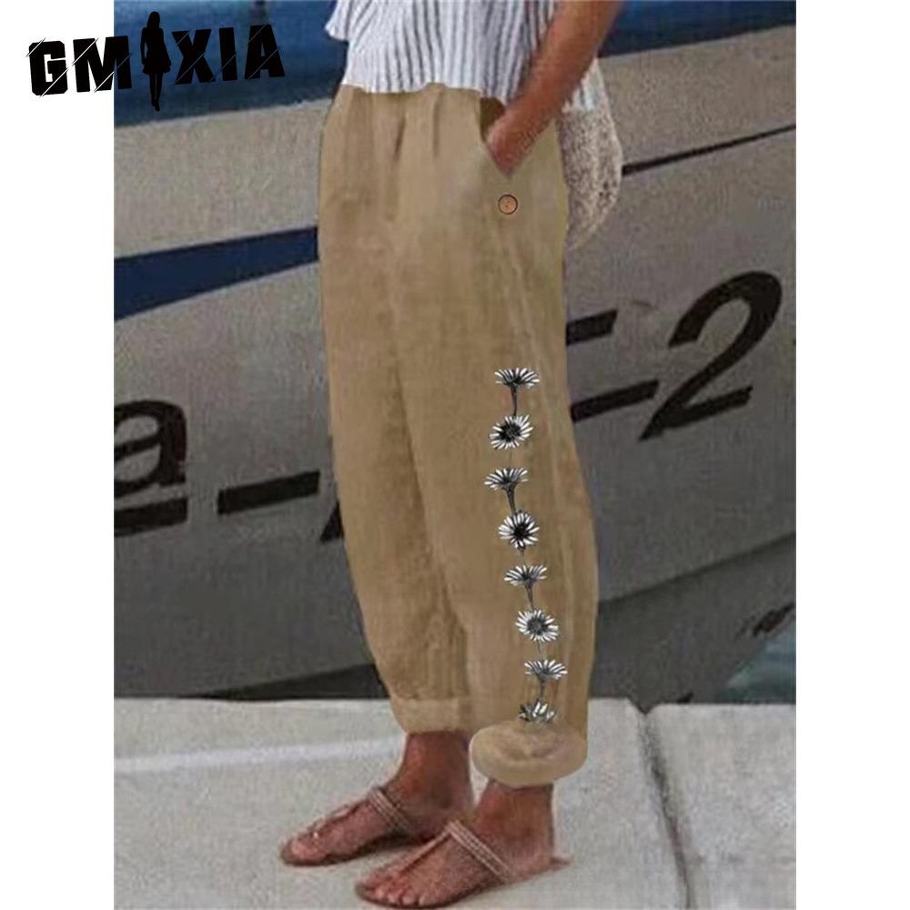 GMXIA Модные популярные гаремные брюки с цветочным принтом и карманами-цветками, брюки со средней посадкой, уличная одежда