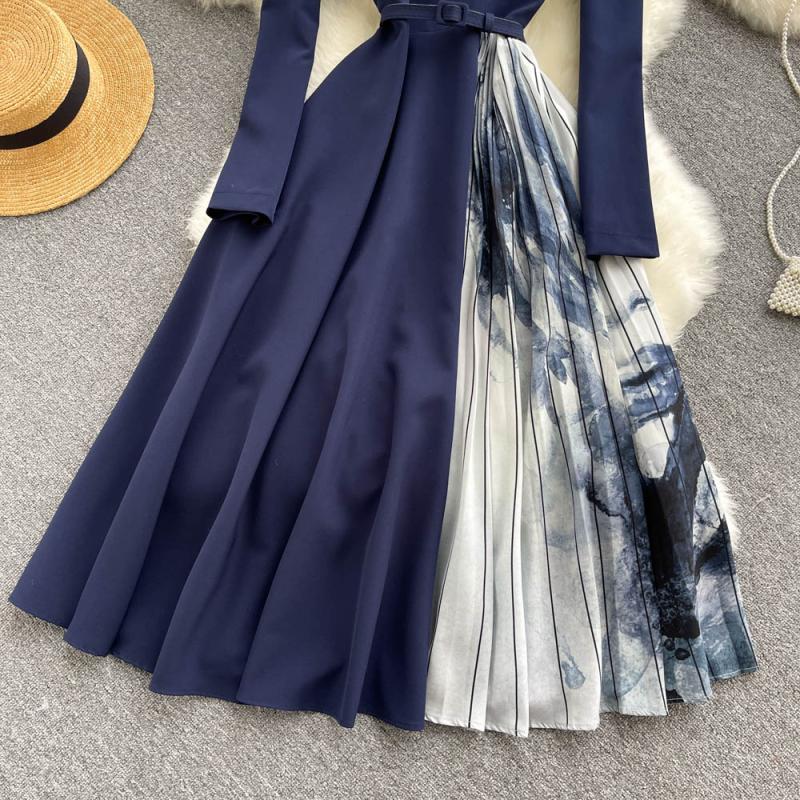 Новое осеннее легкое роскошное роскошное плиссированное платье длиной до колена в стиле Хепберн с v-образным вырезом и принтом