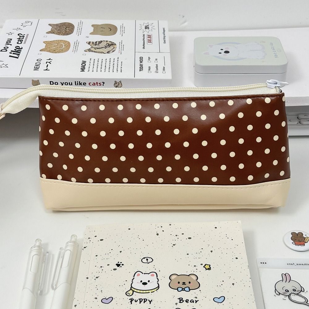 PU Leather Pen Bag Brown Pencil Pouch Waterproof Stationery Bag  School Office