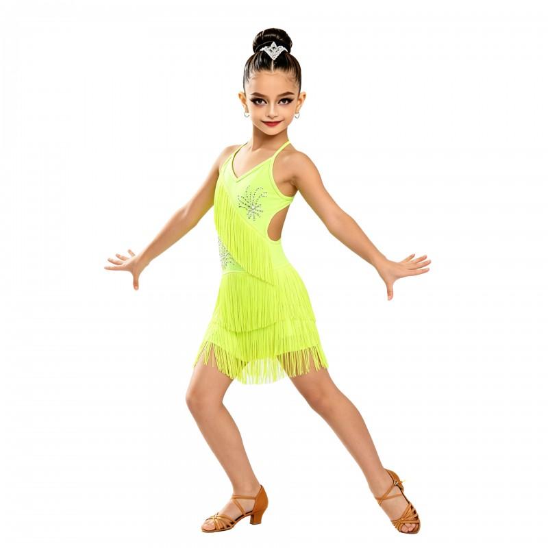 Girls Latin Dance Dress With Fringe Straps Cha Rumba Performance Stage Competition