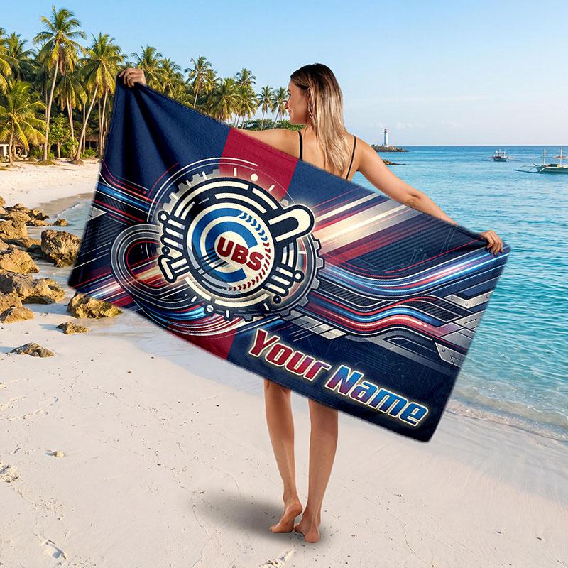 Chicago Cubs Customized Name Text Beach Towel, Soft Absorbent Towel Beach Pool Travel Personal Gift