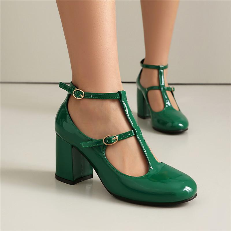 Women's High-heeled Single Shoes Spring and Summer New Thick-heeled Large-size Buckle Low-top Shoes