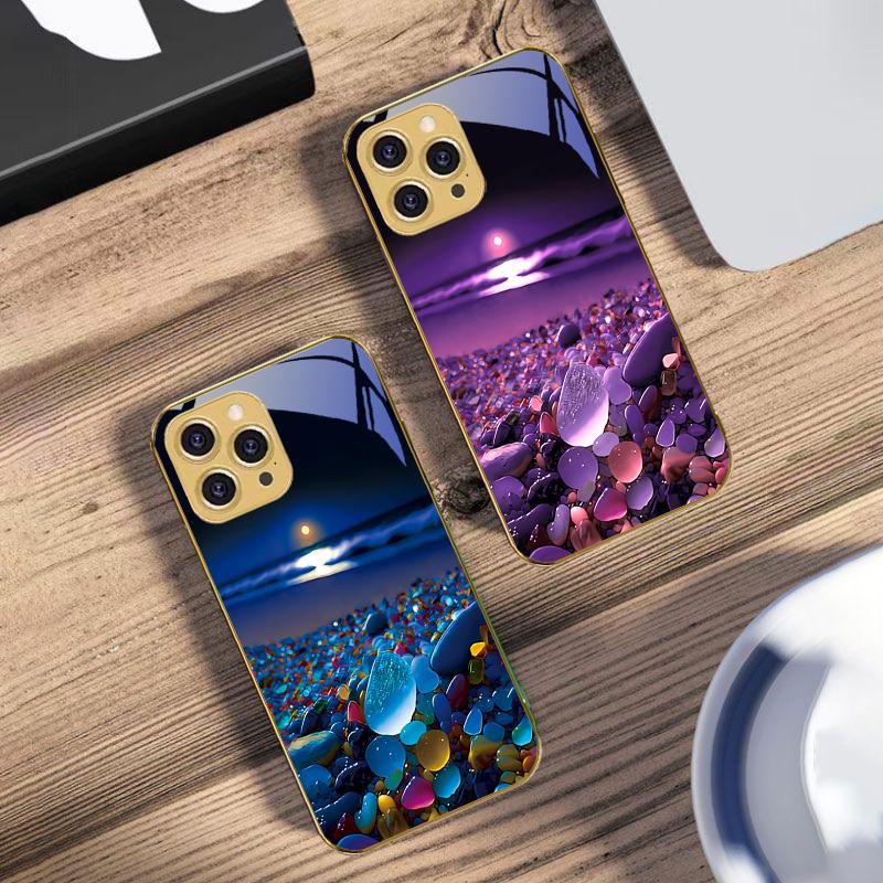 Красочный каменный берег моря Для iPhone 16 16Pro Max 15 P ro 14 13 Plus 12 Mini 11Pro Max XS Max XR Золотой чехол для телефона из закаленного стекла