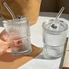 380/600ML Stripe Glass Coffee Cup With Lid and Straw Transparent Drinking Glasses for Juice Milk Tea Cups Iced Coffee Mugs Drink