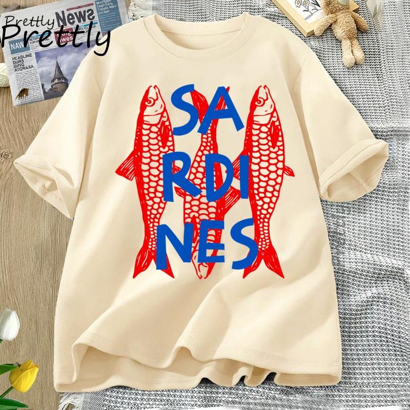 Sardines Graphic Tee Trendy Fish T-shirt Casual Short Sleeve Cotton T Shirt Streetwear Round Neck Tshirt Streetwear Cool Tees
