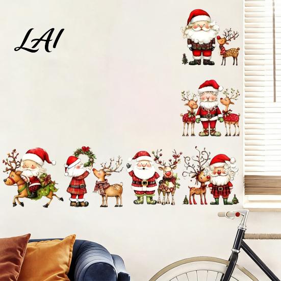 Indoor Christmas Scene Wall Stickers Watercolor Santa Claus Reindeer Decals Self-Adhesive Living Room Decor Stickers for Bedroom Entryway