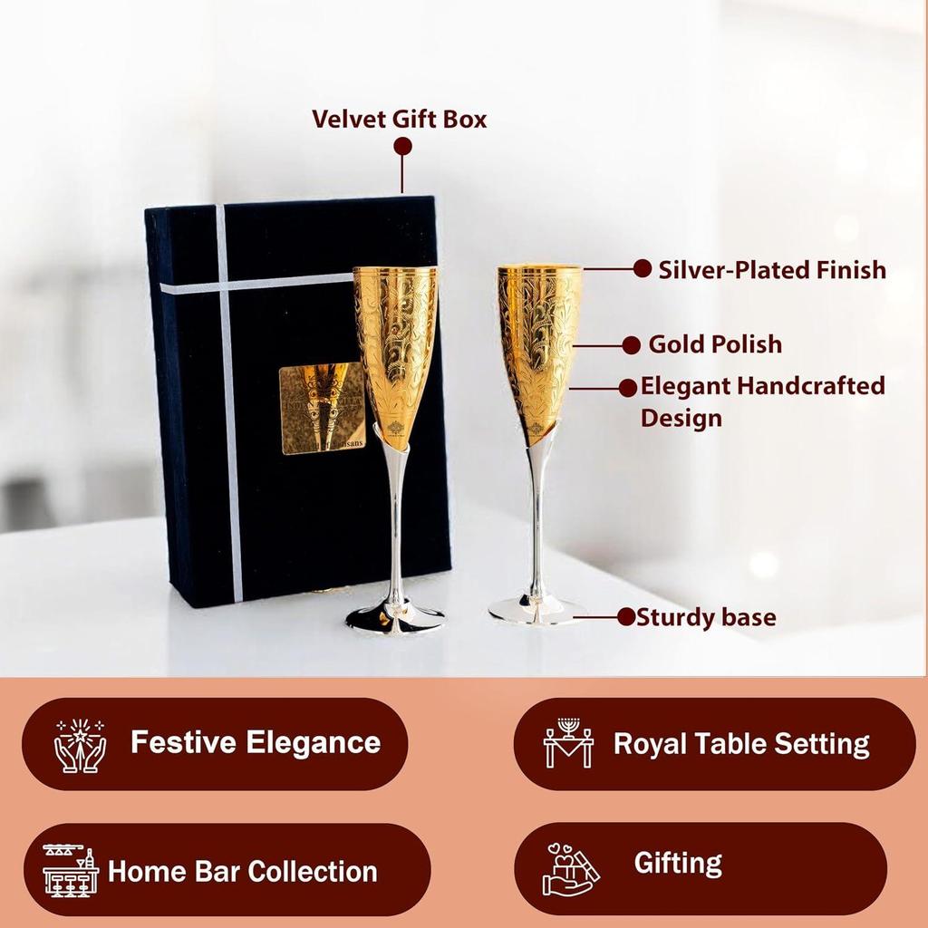 Set of 2 Silver Plated Gold Polish & Brass Champange Wine Glass with Blue Box, Best for Parties, Diwali Gift Set of 2
