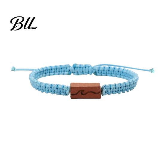 Simple Two Tone Woven Cord Adjustable Rope Bracelet with Wooden Charm, Ocean Wave/Mountain for Durable Wear Resistant String Wristband Women