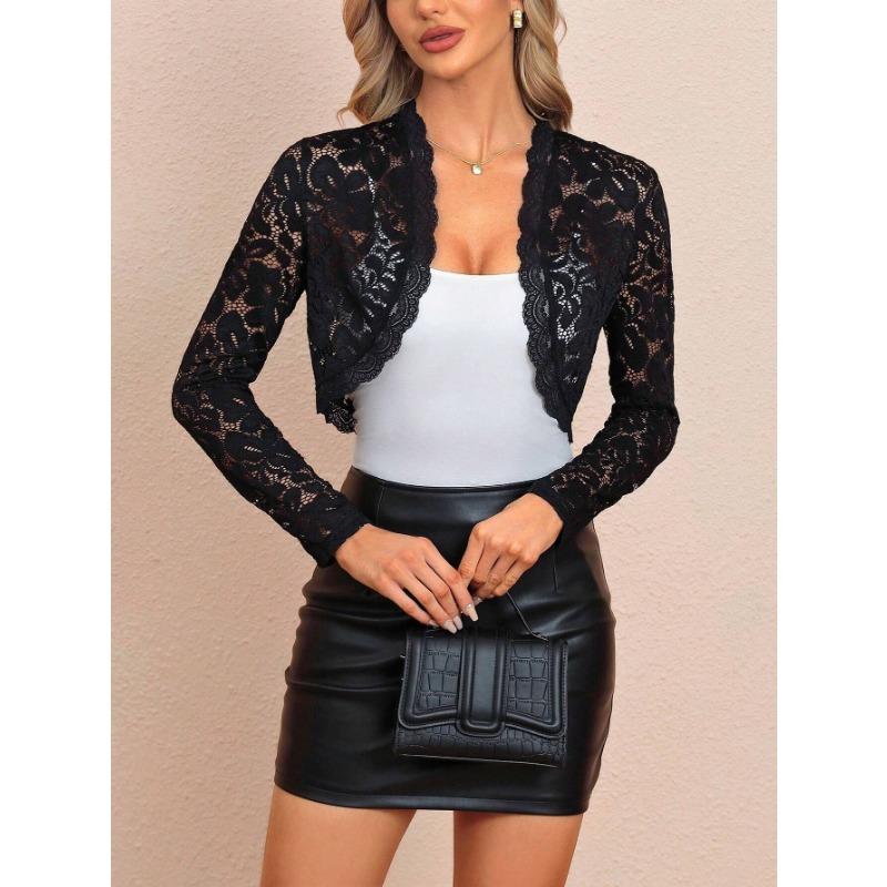 Women Elegant Lace Short Jacket V Neck Long Sleeve Cardigan