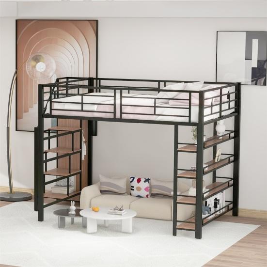 Bunk Bed Youth with Safety Stairs Several Shelves Built-in Wardrobe Adult Strong Load Bearing Metal Frame Loft Home Furniture Double Layer