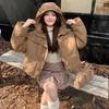 Womens Warm Short Puffer Jacket With Hood Zipper Solid Color Casual Cotton-Padded Coat Winter