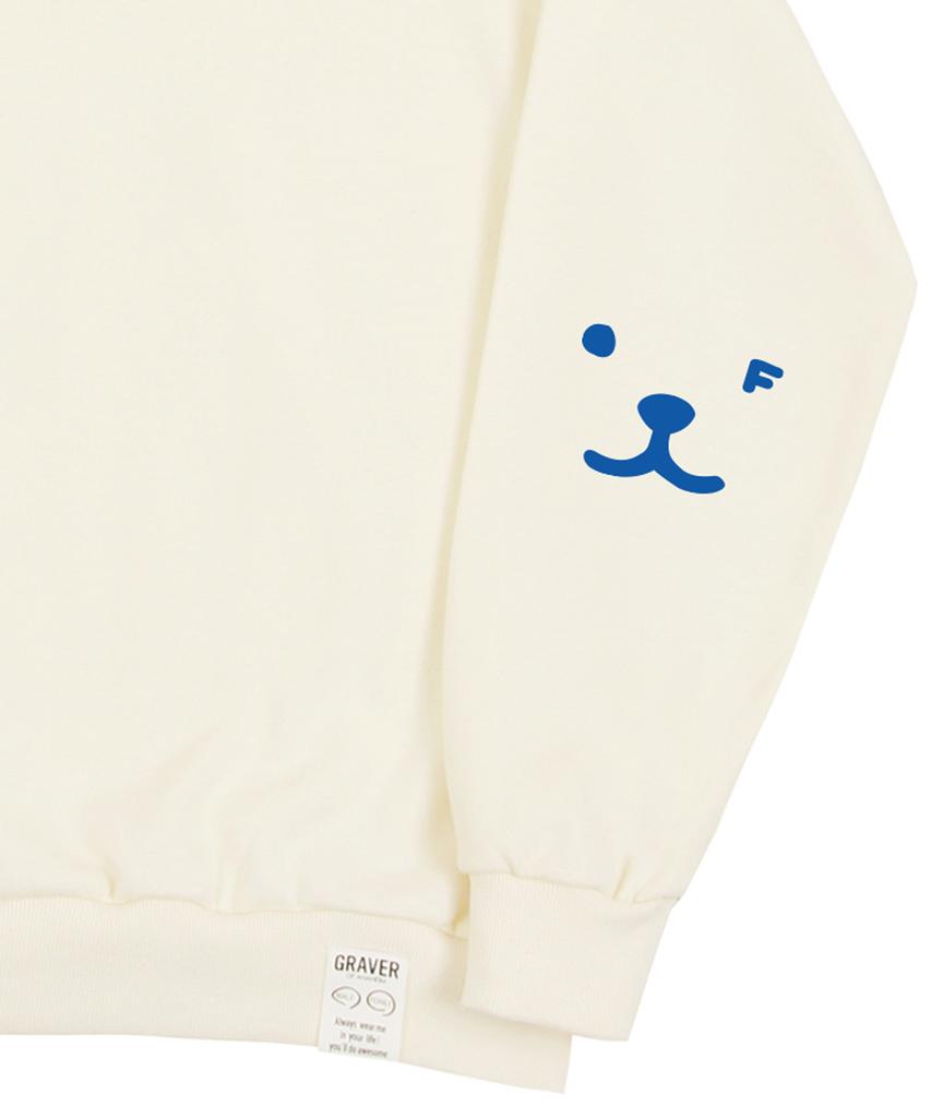GRAVER [Unisex] Elbow Puppy Face Smile Sweatshirt_Cream/Blue Logo