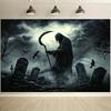 1 piece of Halloween Grim Reaper background fabric with tombstone and dark night sky design - durable polyester fabric