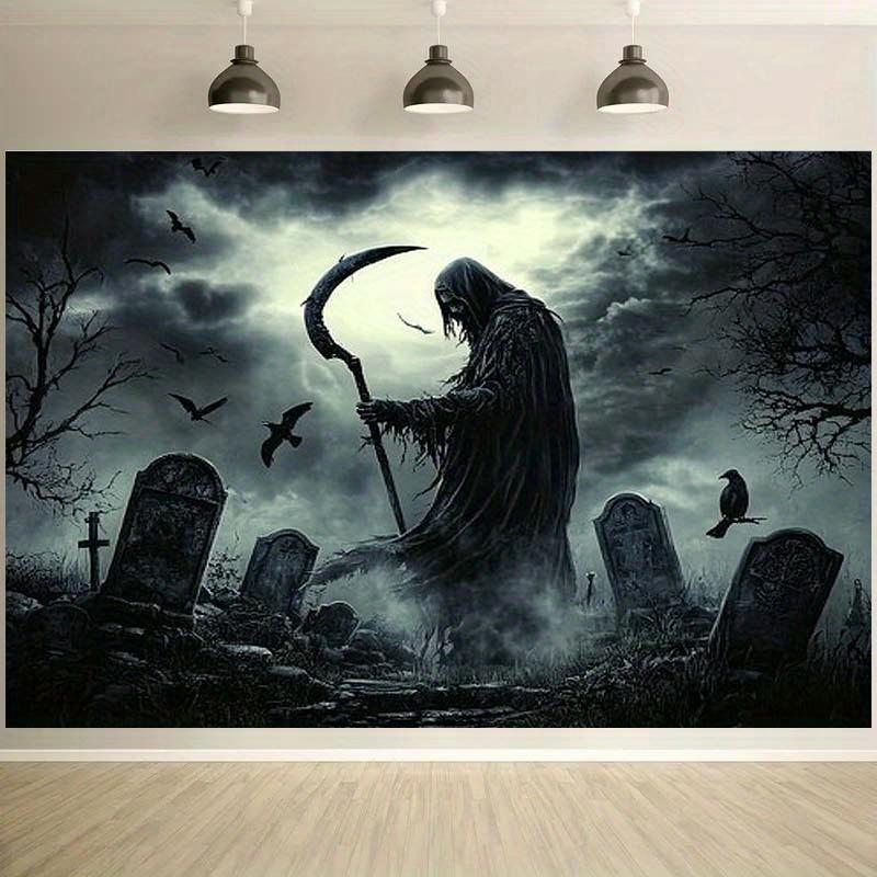 1 piece of Halloween Grim Reaper background fabric with tombstone and dark night sky design - durable polyester fabric