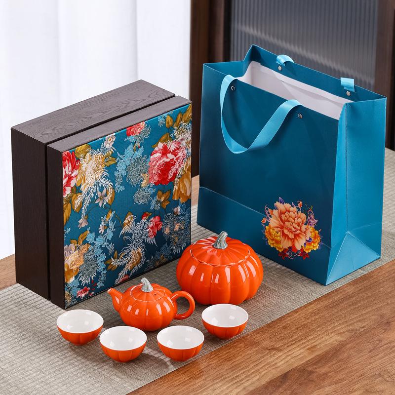 Керамический чайный сервиз в форме тыквы, подарочный набор, китайский ретро-чайный сервиз, набор из чайника и чашки