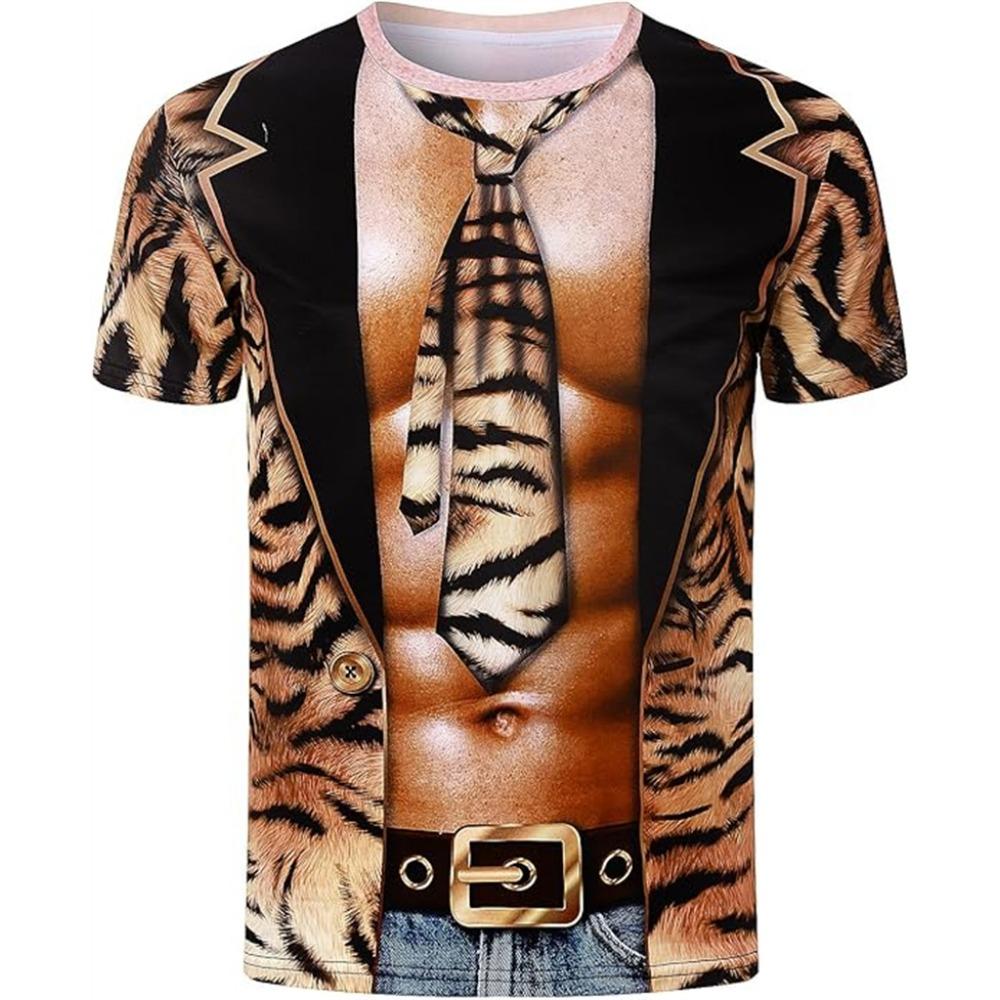 Летняя мужская футболка 3D-принт Забавный рисунок тигра и леопарда Поддельный костюм Футболки Мода Косплей Мужчины Женщины Короткий рукав Вечеринка Футболки Топ