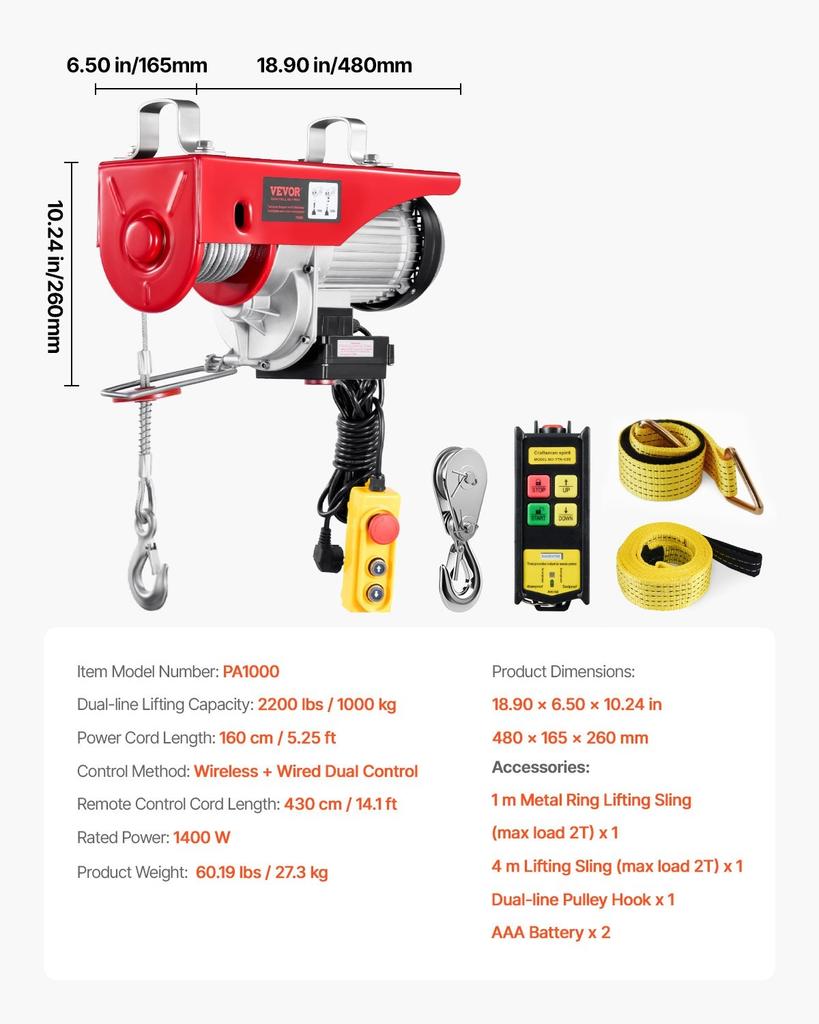 Electric Hoist Crane Winch 2200 lbs 328 ft Wireless & 14 ft Wired Remote