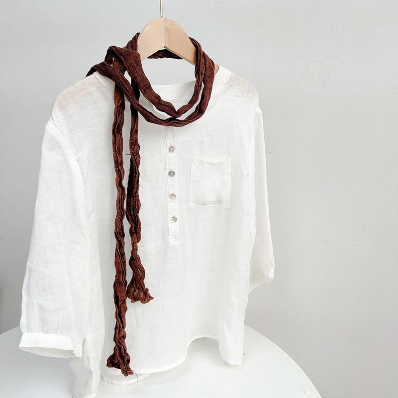 Retro Pleated Ramie Scarf Slender And Narrow Long Silk Scarf Japanese Mori Women Versatile Extended Neck Protector Scarf Shawl