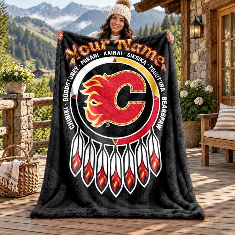 Calgary Flames Custom Name Flannel Blanket Personalized Soft Warm Plush Throw Blanket Customized Gift for Family Friends
