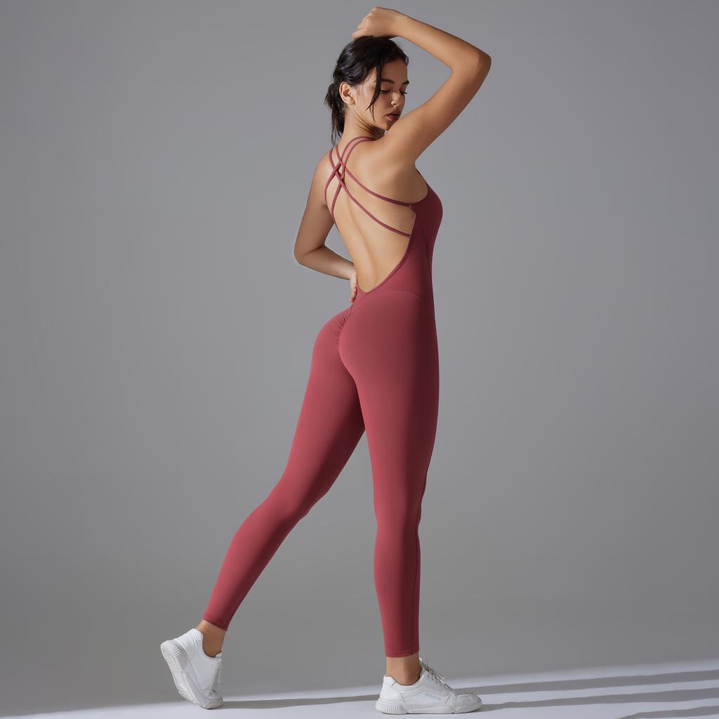 Nessaj One Piece Yoga Jumpsuits Women Solid Color Fitness Bodysuit Back Cross Playsuit Backless Yoga Rompers