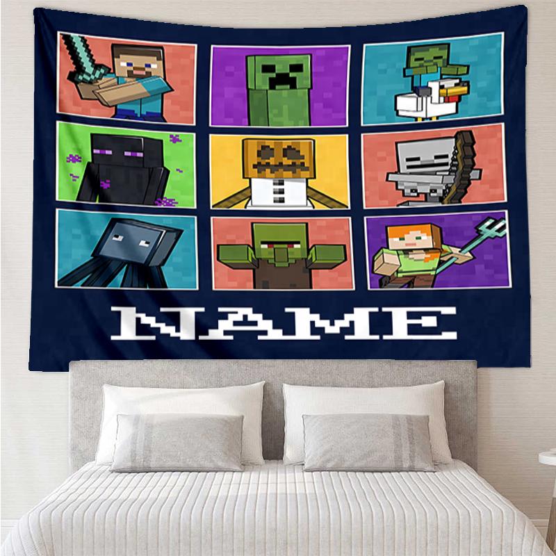 Custom Name Minecraft Print Tapestry, Backdrop, Easy Setup, Ideal for Bedroom, Office & Living Room, with Aesthetic Wall Hanging Decor.