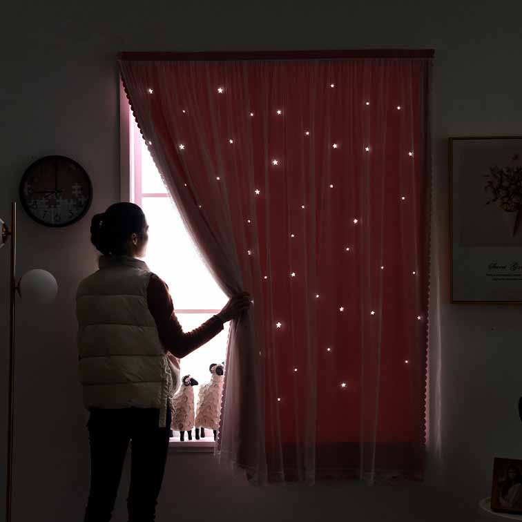 Двухслойная марлевая утолщенная 95% затемняющая штора со звездами и вырезом - Волшебные самоклеящиеся оконные жалюзи для дома/спальни