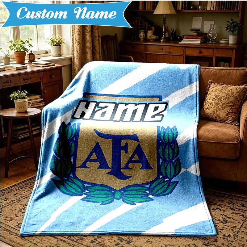 Custom Name Argentina Football Crest Blanket Lightweight Ideal Bedding Blanket Perfect for Travel, Camping, Living Rooms, Sofas, Christmas gift